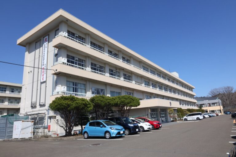 校舎と松